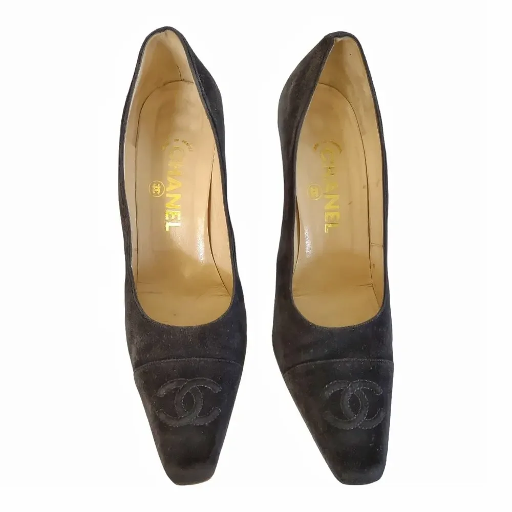 CHANEL Black Suede High Heel Pumps US size 9 Squared Heel EU Size 39.5 Luxury